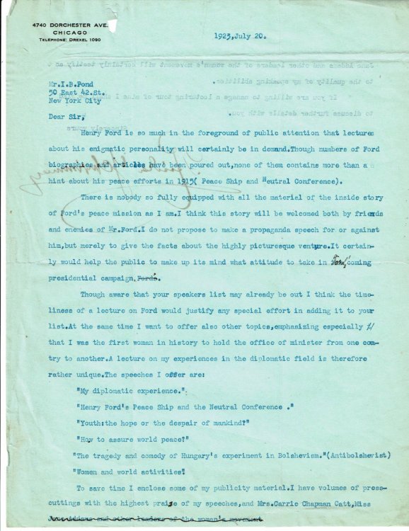 Image for TYPED LETTER, BOLDLY SIGNED by the Hungarian-born Feminist & Pacifist ROSIKA SCHWIMMER, making mention of Henry Ford's 1915 Peace Ship expedition which she initially led. TYPED LETTER, BOLDLY SIGNED by the Hungarian-born Feminist & Pacifist ROSIKA SCHWIMMER, making mention of Henry Ford's 1915 Peace Ship expedition which she initially led.