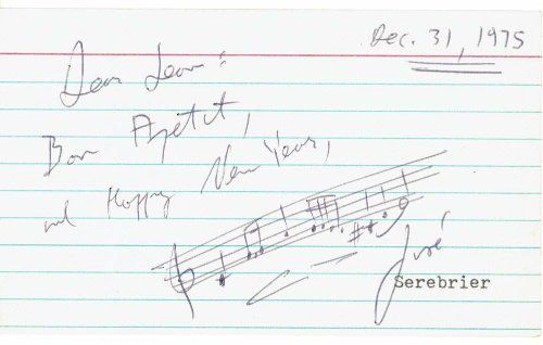 Image for AUTOGRAPH NEW YEAR'S GREETING TO CITY CENTER PRODUCER JEAN DALRYMPLE ON AN INDEX CARD SIGNED BY URUGUAYAN CONDUCTOR AND COMPOSER JOSE SEREBRIER WITH A BAR OF MUSIC PENNED ABOVE HIS NAME. AUTOGRAPH NEW YEAR'S GREETING TO CITY CENTER PRODUCER JEAN DALRYMPLE ON AN INDEX CARD SIGNED BY URUGUAYAN CONDUCTOR AND COMPOSER JOSE SEREBRIER WITH A BAR OF MUSIC PENNED ABOVE HIS NAME.