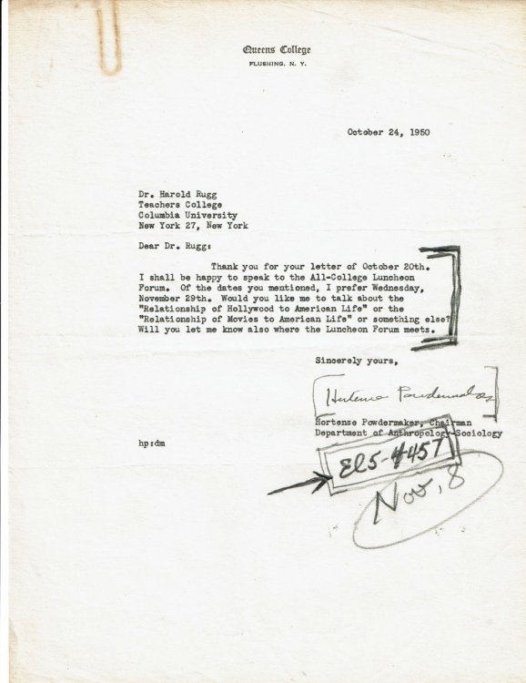 Image for TYPED LETTER TO EDUCATOR HAROLD RUGG SIGNED BY AMERICAN ANTHROPOLOGIST HORTENSE POWDERMAKER, BEST KNOWN FOR HER ETHNOGRAPHIC STUDIES OF RURAL AFRICAN AMERICANS AND OF HOLLYWOOD. TYPED LETTER TO EDUCATOR HAROLD RUGG SIGNED BY AMERICAN ANTHROPOLOGIST HORTENSE POWDERMAKER, BEST KNOWN FOR HER ETHNOGRAPHIC STUDIES OF RURAL AFRICAN AMERICANS AND OF HOLLYWOOD.