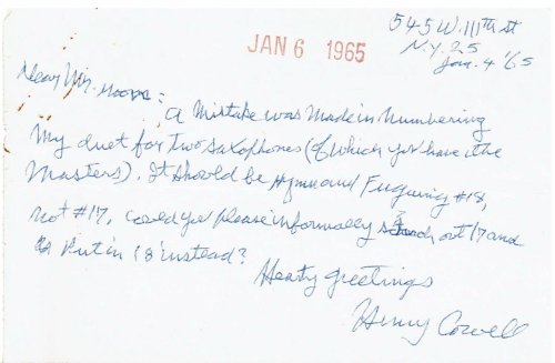 Image for AUTOGRAPH LETTER SIGNED by the American composer HENRY COWELL, correcting an error in the numbering of his HYMN AND FUGUING TUNE NO. 18. AUTOGRAPH LETTER SIGNED by the American composer HENRY COWELL, correcting an error in the numbering of his HYMN AND FUGUING TUNE NO. 18.