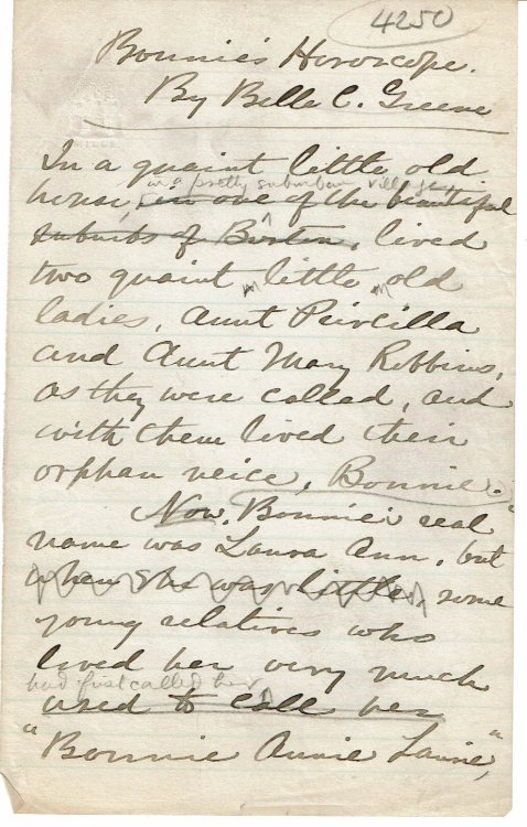 Image for FIRST PAGE OF AN AUTOGRAPH MANUSCRIPT FOR A SHORT STORY BY AMERICAN AUTHOR BELLE C. GREENE. FIRST PAGE OF AN AUTOGRAPH MANUSCRIPT FOR A SHORT STORY BY AMERICAN AUTHOR BELLE C. GREENE.