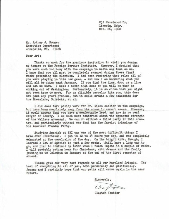 Image for TYPED LETTER to SPIRO AGNEW'S CHIEF OF STAFF SIGNED by CLAYTON YEUTTER who later oversaw trade negotiations with Canada that led to NAFTA. TYPED LETTER to SPIRO AGNEW'S CHIEF OF STAFF SIGNED by CLAYTON YEUTTER who later oversaw trade negotiations with Canada that led to NAFTA.