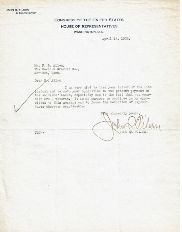 Image for TYPED LETTER TO MERIDEN GRAVURE ABOUT THE BONUS ARMY SIGNED BY CONNECTICUT REPRESENTATIVE JOHN Q. TILSON. TYPED LETTER TO MERIDEN GRAVURE ABOUT THE BONUS ARMY SIGNED BY CONNECTICUT REPRESENTATIVE JOHN Q. TILSON.