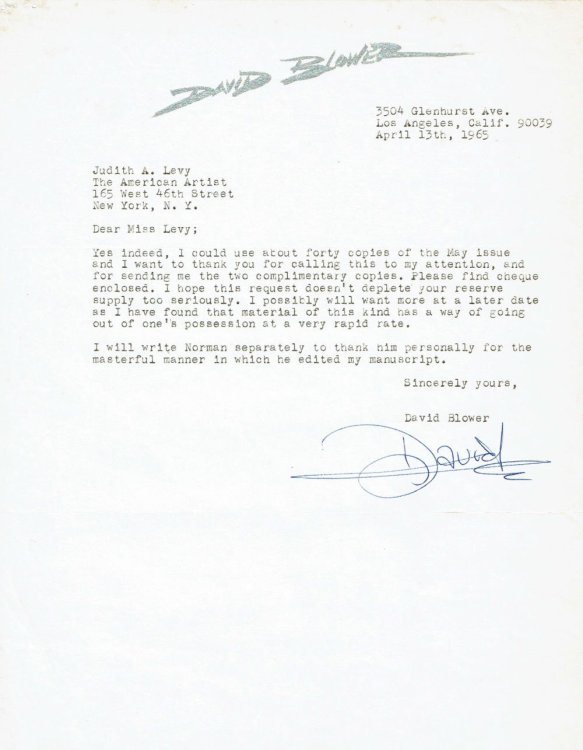 Image for TYPED LETTER TO AMERICAN ARTIST MAGAZINE SIGNED BY CALIFORNIA WATERCOLORIST DAVID BLOWER. TYPED LETTER TO AMERICAN ARTIST MAGAZINE SIGNED BY CALIFORNIA WATERCOLORIST DAVID BLOWER.
