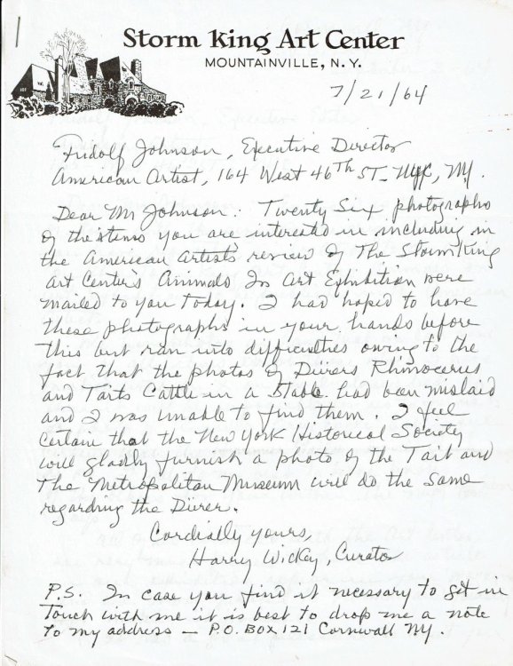 Image for 3 AUTOGRAPH LETTERS SIGNED by the American painter & Illustrator HARRY WICKEY, including 2 addressed to Fridolf Johnson regarding the Storm King Art Center's 3 AUTOGRAPH LETTERS SIGNED by the American painter & Illustrator HARRY WICKEY, including 2 addressed to Fridolf Johnson regarding the Storm King Art Center's