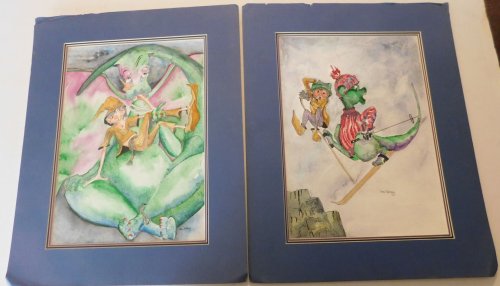 Image for TWO ORIGINAL SIGNED WATERCOLOR PAINTINGS by the Children's book author and illustrator ANN GEDNEY, portraying the adventures of a young DRAGON. TWO ORIGINAL SIGNED WATERCOLOR PAINTINGS by the Children's book author and illustrator ANN GEDNEY, portraying the adventures of a young DRAGON.