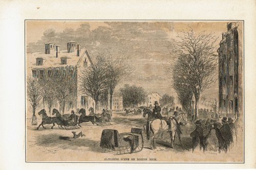 Image for WOOD ENGRAVING OF A SLEIGHING SCENE ON BOSTON NECK. WOOD ENGRAVING OF A SLEIGHING SCENE ON BOSTON NECK.