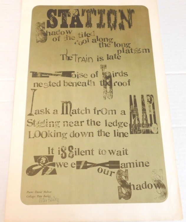 STATION. SHADOW OF THE TILED ROOF ALONG THE LONG PLATFORM. [An Original Broadside Poem by David Meltzer, SIGNED by the collage artist PETER BAILEY].