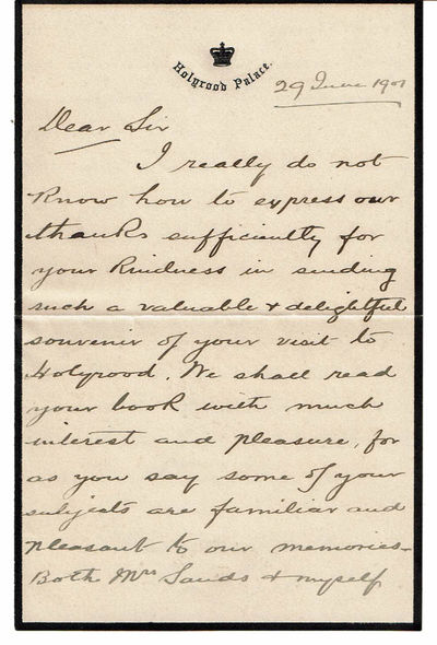 Image for AUTOGRAPH LETTER TO MAJOR J. B. POND SIGNED BY W. S. SANDS, KING'S INSPECTOR OF HOLYROOD PALACE, THANKING POND FOR SENDING HIM A COPY OF HIS BOOK "ECCENTRICITIES OF GENIUS". AUTOGRAPH LETTER TO MAJOR J. B. POND SIGNED BY W. S. SANDS, KING'S INSPECTOR OF HOLYROOD PALACE, THANKING POND FOR SENDING HIM A COPY OF HIS BOOK "ECCENTRICITIES OF GENIUS".