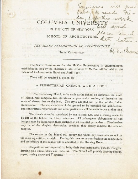 Image for AUTOGRAPH NOTE SIGNED BY AMERICAN ARCHITECT WILLIAM EDWARD PARSONS ON A COPY OF A BROCHURE ANNOUNCING COLUMBIA UNIVERSITY'S SIXTH COMPETITION FOR THE MCKIM FELLOWSHIPS IN ARCHITECTURE. AUTOGRAPH NOTE SIGNED BY AMERICAN ARCHITECT WILLIAM EDWARD PARSONS ON A COPY OF A BROCHURE ANNOUNCING COLUMBIA UNIVERSITY'S SIXTH COMPETITION FOR THE MCKIM FELLOWSHIPS IN ARCHITECTURE.