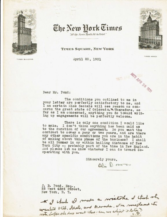 Image for TYPED LETTER TO J. B. POND ABOUT A LECTURE TOUR SIGNED BY NEW YORK TIMES MUSIC CRITIC OLIN DOWNES. Together with a copy of Pond's reply and a further reply from Downes' secretary. TYPED LETTER TO J. B. POND ABOUT A LECTURE TOUR SIGNED BY NEW YORK TIMES MUSIC CRITIC OLIN DOWNES. Together with a copy of Pond's reply and a further reply from Downes' secretary.