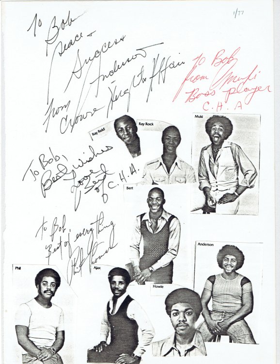 Image for CROWN HEIGHTS AFFAIR. Photocopy collage inscribed and signed by members of the Brooklyn disco and soul/funk group William Anderson, Muki Wilson, Bert Reid and Phil Thomas. CROWN HEIGHTS AFFAIR. Photocopy collage inscribed and signed by members of the Brooklyn disco and soul/funk group William Anderson, Muki Wilson, Bert Reid and Phil Thomas.