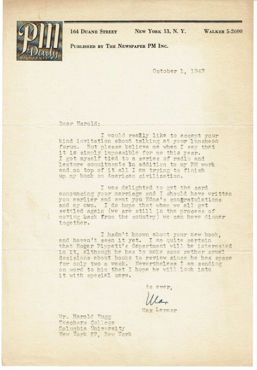 Image for TYPED LETTER TO HAROLD RUGG OF COLUMBIA UNIVERSITY'S TEACHERS COLLEGE SIGNED BY JOURNALIST MAX LERNER. TYPED LETTER TO HAROLD RUGG OF COLUMBIA UNIVERSITY'S TEACHERS COLLEGE SIGNED BY JOURNALIST MAX LERNER.