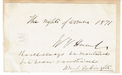 Image for A PAIR OF AUTOGRAPHED SENTIMENTS SIGNED BY BRITISH LIBERAL STATESMAN SIR WILLIAM HARCOURT AND BRITISH CONSERVATIVE POLITICIAN SIR JOHN SOMERSET PAKINGTON, 1ST BARON HAMPTON. A PAIR OF AUTOGRAPHED SENTIMENTS SIGNED BY BRITISH LIBERAL STATESMAN SIR WILLIAM HARCOURT AND BRITISH CONSERVATIVE POLITICIAN SIR JOHN SOMERSET PAKINGTON, 1ST BARON HAMPTON.
