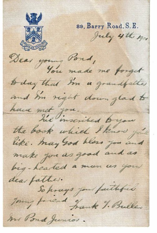 AUTOGRAPH LETTER SIGNED by the BRITISH AUTHOR of SEAFARING NOVELS FRANK THOMAS BULLEN.