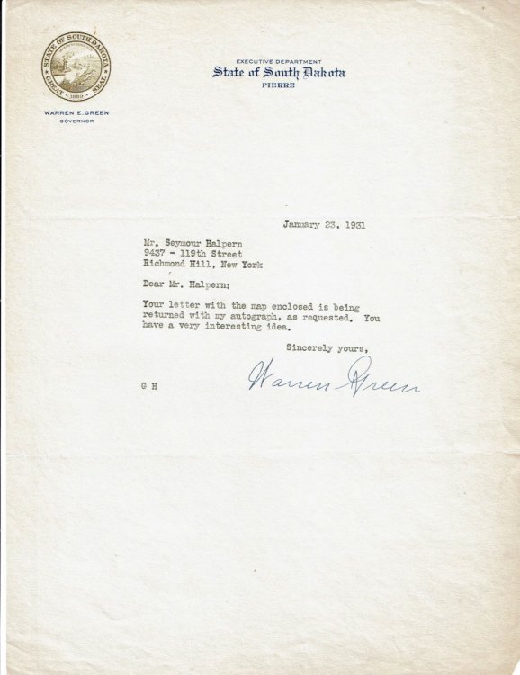 Image for TYPED NOTE SIGNED by South Dakota Governor WARREN GREEN. TYPED NOTE SIGNED by South Dakota Governor WARREN GREEN.