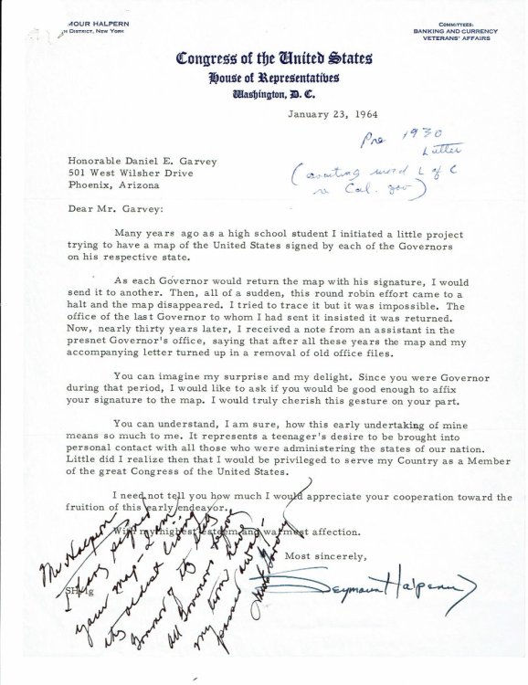 Image for AN AUTOGRAPH NOTE SIGNED by the former Governor of Arizona DAN EDWARD GARVEY, penned at the bottom of a TYPED LETTER SIGNED by Congressman SEYMOUR HALPERN. AN AUTOGRAPH NOTE SIGNED by the former Governor of Arizona DAN EDWARD GARVEY, penned at the bottom of a TYPED LETTER SIGNED by Congressman SEYMOUR HALPERN.