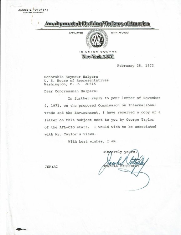 Image for TYPED LETTER SIGNED by the President of the Amalgamated Clothing Workers of America JACOB POTOFSKY. TYPED LETTER SIGNED by the President of the Amalgamated Clothing Workers of America JACOB POTOFSKY.