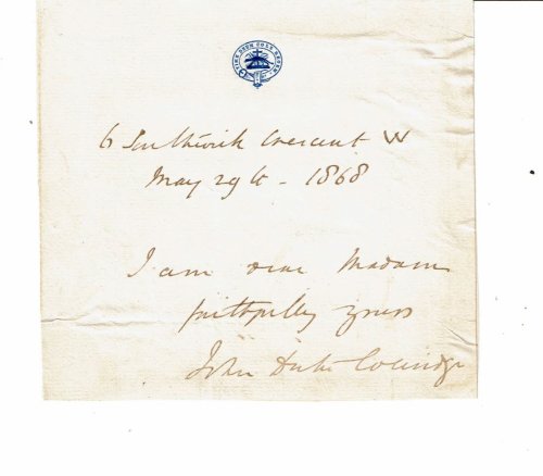 Image for AUTOGRAPH NOTE SIGNED by the English Lawyer, Liberal Politician and Chief Justice of England JOHN COLERIDGE, 1ST BARON COLERIDGE. AUTOGRAPH NOTE SIGNED by the English Lawyer, Liberal Politician and Chief Justice of England JOHN COLERIDGE, 1ST BARON COLERIDGE.
