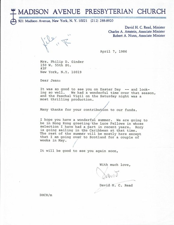 Image for TYPED LETTER SIGNED by the Pastor of the Madison Avenue Presbyterian Church DAVID H.C. READ. TYPED LETTER SIGNED by the Pastor of the Madison Avenue Presbyterian Church DAVID H.C. READ.