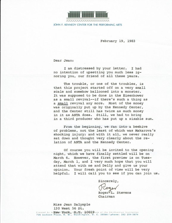 Image for An apologetic TYPED LETTER SIGNED by the American Theater Producer ROGER L. STEVENS, as Chairman of the Kennedy Center for the Performing Arts, apologizing to Jean Dalrymple who was apparently upset about being left out of the loop in the production of a Revival. An apologetic TYPED LETTER SIGNED by the American Theater Producer ROGER L. STEVENS, as Chairman of the Kennedy Center for the Performing Arts, apologizing to Jean Dalrymple who was apparently upset about being left out of the loop in the production of a Revival.