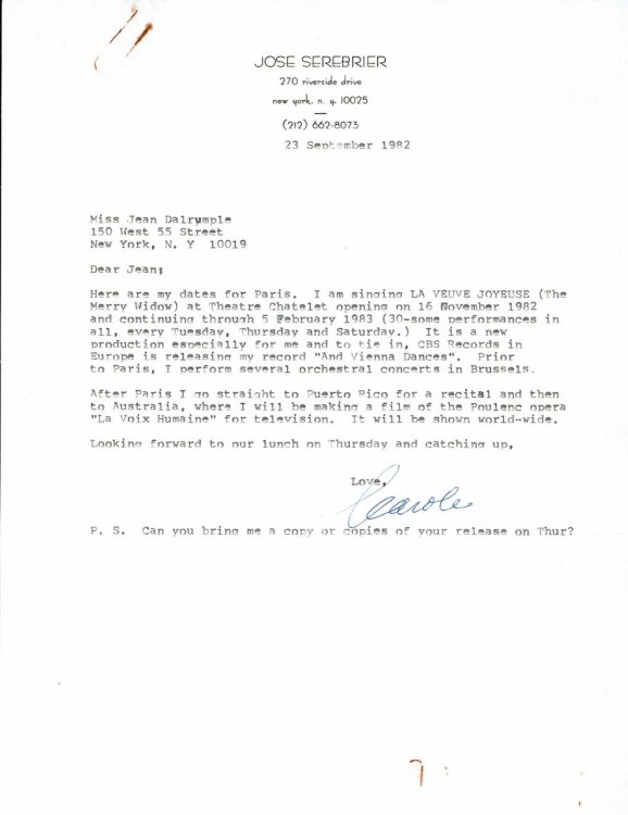 Image for TYPED LETTER SIGNED by the American Soprano CAROLE FARLEY to her friend and press agent Jean Dalrymple mentioning her forthcoming performances of TYPED LETTER SIGNED by the American Soprano CAROLE FARLEY to her friend and press agent Jean Dalrymple mentioning her forthcoming performances of