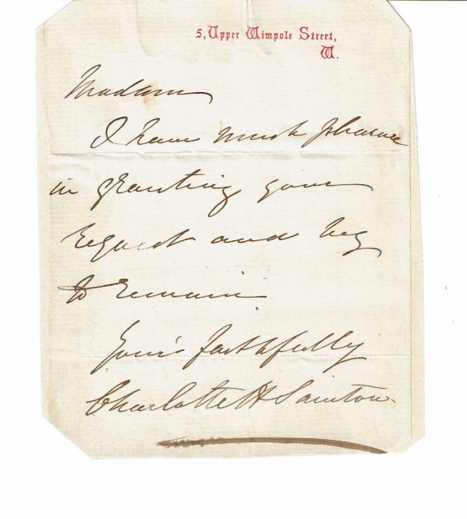 Image for AUTOGRAPH NOTE SIGNED by the English contralto, composer and singing teacher CHARLOTTE SAINTON-DOLBY. AUTOGRAPH NOTE SIGNED by the English contralto, composer and singing teacher CHARLOTTE SAINTON-DOLBY.