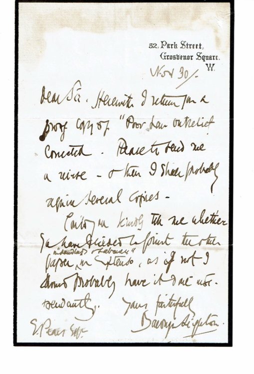 Image for AUTOGRAPH LETTER SIGNED by the English Politician SIR BALDWYN LEIGHTON, 8TH BARONET addressed to the British Barrister and Historian EDWARD PEARS. AUTOGRAPH LETTER SIGNED by the English Politician SIR BALDWYN LEIGHTON, 8TH BARONET addressed to the British Barrister and Historian EDWARD PEARS.