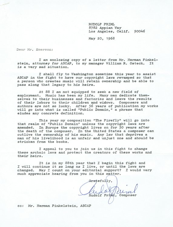 Image for FORM LETTER SIGNED by RUDOLF FRIML pleading for changes in the copyright laws. FORM LETTER SIGNED by RUDOLF FRIML pleading for changes in the copyright laws.