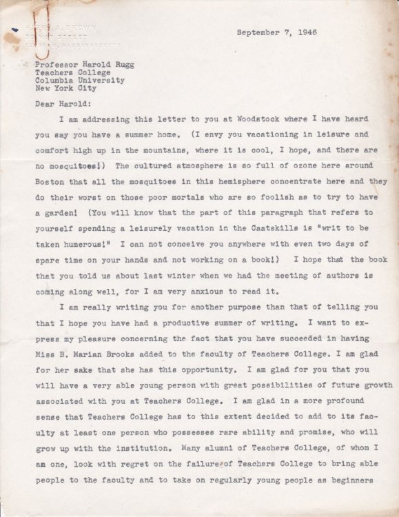 Image for TYPED LETTER TO HAROLD RUGG OF COLUMBIA UNIVERSITY'S TEACHERS COLLEGE SIGNED BY HARRY A. BROWN, SUPERINTENDENT OF SCHOOLS, NEEDHAM, MASS. TYPED LETTER TO HAROLD RUGG OF COLUMBIA UNIVERSITY'S TEACHERS COLLEGE SIGNED BY HARRY A. BROWN, SUPERINTENDENT OF SCHOOLS, NEEDHAM, MASS.