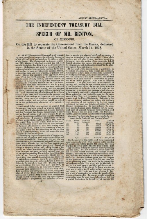 THE INDEPENDENT TREASURY BILL. SPEECH OF MR. BENTON, OF MISSOURI, ON THE BILL TO SEPARATE THE GOVERNMENT FROM THE BANKS, delivered in the Senate of the United States, March 14, 1838.