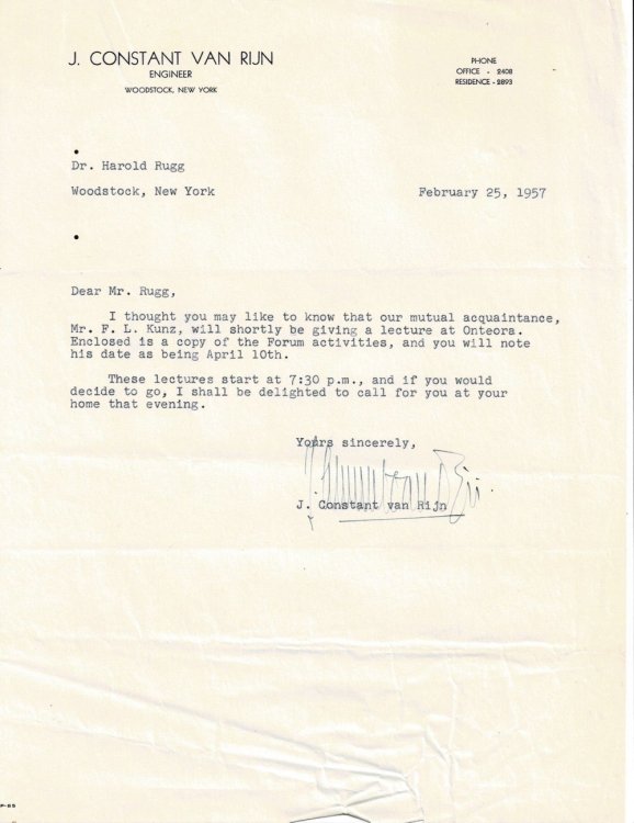 Image for TYPED LETTER SIGNED by the Dutch engineer and refugee J. CONSTANT VAN RIJN who settled in Woodstock, NY during WWII and went on to found ROTRON. TYPED LETTER SIGNED by the Dutch engineer and refugee J. CONSTANT VAN RIJN who settled in Woodstock, NY during WWII and went on to found ROTRON.