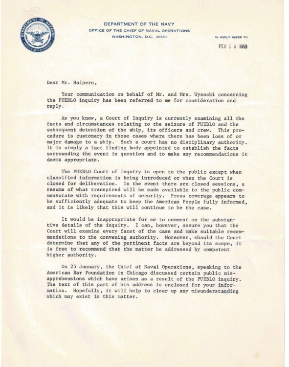 Image for A TWO-PAGE TYPED LETTER SIGNED by REAR ADMIRAL ALLAN FOSTER FLEMING regarding the investigation into the capture of the USS PUEBLO by North Korea which precipitated the A TWO-PAGE TYPED LETTER SIGNED by REAR ADMIRAL ALLAN FOSTER FLEMING regarding the investigation into the capture of the USS PUEBLO by North Korea which precipitated the