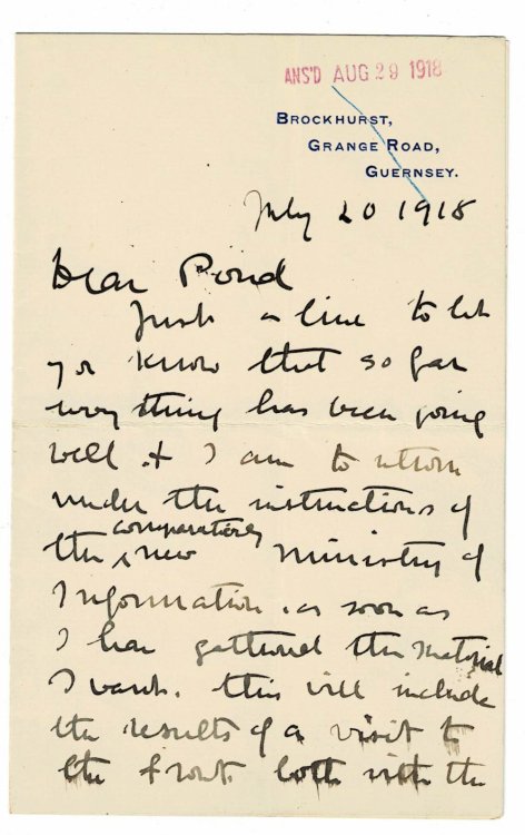 Image for AUTOGRAPH LETTER BY ARTHUR RADCLYFFE DUGMORE, 3-pages addressed to American lecture manager James Pond concerning a visit to the fronts of the American and British forces in France during World War 1. AUTOGRAPH LETTER BY ARTHUR RADCLYFFE DUGMORE, 3-pages addressed to American lecture manager James Pond concerning a visit to the fronts of the American and British forces in France during World War 1.