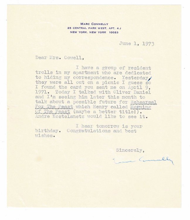 Image for TYPED LETTER SIGNED by Marc Connelly regarding a musical score by Henry Cowell for Connelly's play TYPED LETTER SIGNED by Marc Connelly regarding a musical score by Henry Cowell for Connelly's play