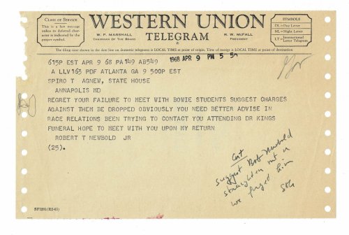 Image for AUTOGRAPH NOTE SIGNED BY THE FUTURE VICE-PRESIDENT: SPIRO AGNEW'S BITTER RESPONSE TO A PLEA FROM A BLACK LEADER ON BEHALF OF PROTESTING BOWIE STUDENTS. AUTOGRAPH NOTE SIGNED BY THE FUTURE VICE-PRESIDENT: SPIRO AGNEW'S BITTER RESPONSE TO A PLEA FROM A BLACK LEADER ON BEHALF OF PROTESTING BOWIE STUDENTS.