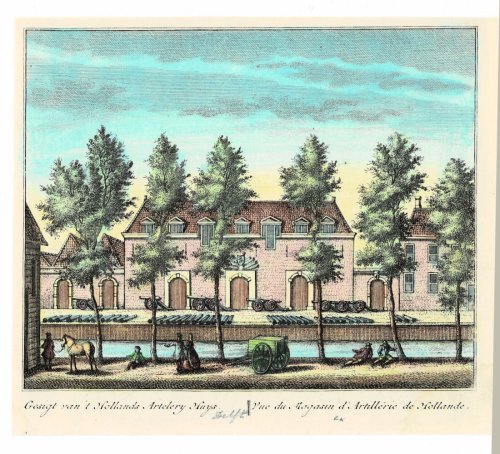 Image for Gesigt van 't Hollands Artelery Huys. // Vue du Magasin d'Artillerie de Hollande. ORIGINAL HAND-COLORED PRINT PICTURING THE AMMUNITION STOREHOUSE IN DELFT. Gesigt van 't Hollands Artelery Huys. // Vue du Magasin d'Artillerie de Hollande. ORIGINAL HAND-COLORED PRINT PICTURING THE AMMUNITION STOREHOUSE IN DELFT.