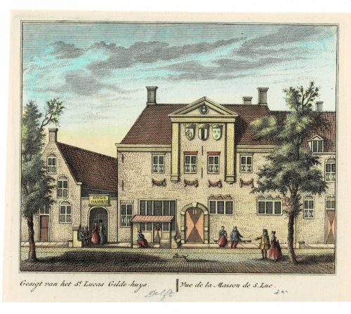Image for Gesigt van het St. Lucas Gilde-huys. // Vue de la Maison de S. Luc. ORIGINAL HAND-COLORED PRINT PICTURING THE GUILDHALL OF SAINT LUKE IN DELFT. Gesigt van het St. Lucas Gilde-huys. // Vue de la Maison de S. Luc. ORIGINAL HAND-COLORED PRINT PICTURING THE GUILDHALL OF SAINT LUKE IN DELFT.