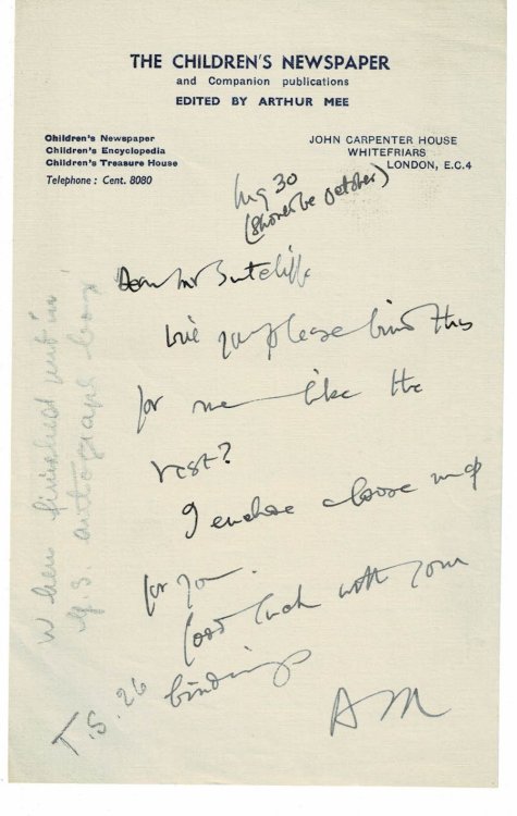 Image for AUTOGRAPH NOTE SIGNED by the English writer and educator ARTHUR MEE to George Sutcliffe, the famous bookbinder. AUTOGRAPH NOTE SIGNED by the English writer and educator ARTHUR MEE to George Sutcliffe, the famous bookbinder.