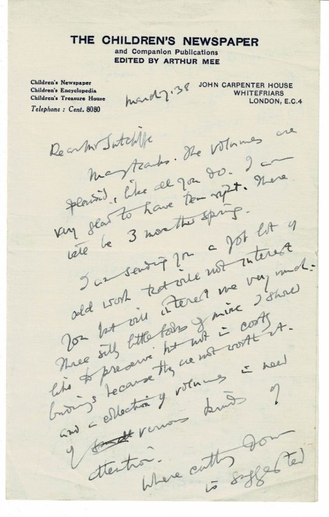 Image for AUTOGRAPH LETTER SIGNED by the English writer and educator ARTHUR MEE to George Sutcliffe, the famous bookbinder. AUTOGRAPH LETTER SIGNED by the English writer and educator ARTHUR MEE to George Sutcliffe, the famous bookbinder.