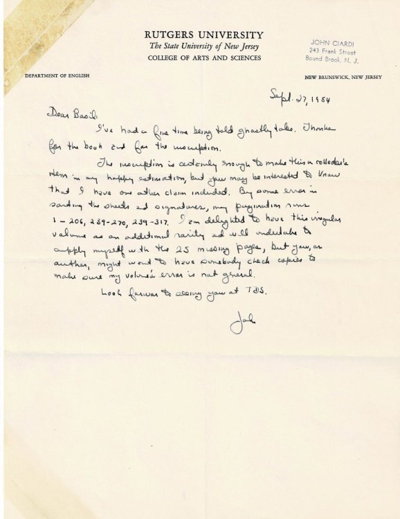 Image for AUTOGRAPH LETTER SIGNED by the American poet JOHN CIARDI, to the American literary critic, anthologist and science fiction author BASIL DAVENPORT, regarding his book of ghostly tales. AUTOGRAPH LETTER SIGNED by the American poet JOHN CIARDI, to the American literary critic, anthologist and science fiction author BASIL DAVENPORT, regarding his book of ghostly tales.