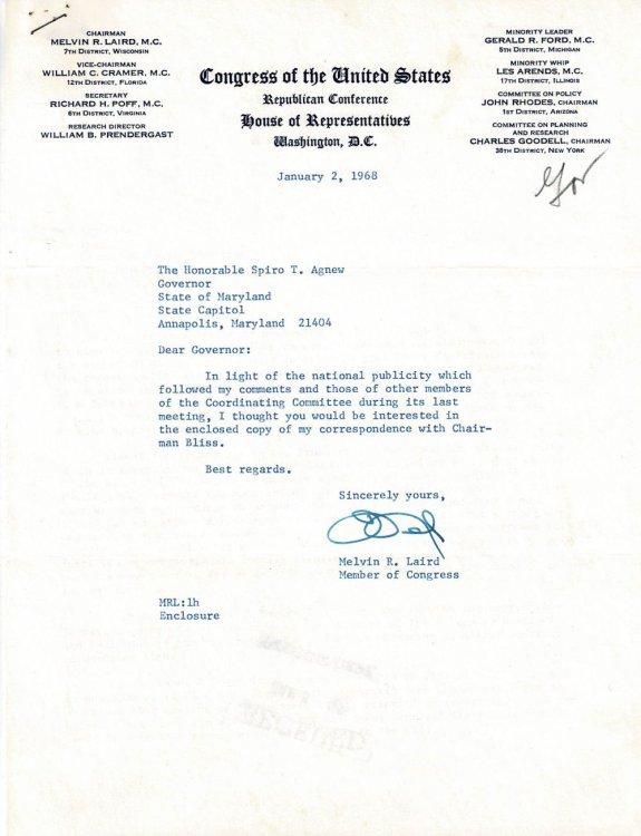 Image for TYPED LETTER SIGNED by MELVIN R. LAIRD as a Congressman to Maryland Governor SPIRO T. AGNEW. TYPED LETTER SIGNED by MELVIN R. LAIRD as a Congressman to Maryland Governor SPIRO T. AGNEW.