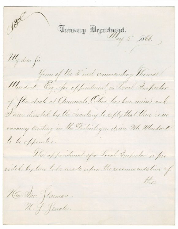 Image for HOLOGRAPH DOCUMENT SIGNED by JOHN F. HARTLEY as Assistant Secretary of the Treasury as a reply to Senator John Sherman of Ohio. HOLOGRAPH DOCUMENT SIGNED by JOHN F. HARTLEY as Assistant Secretary of the Treasury as a reply to Senator John Sherman of Ohio.