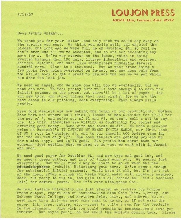 Image for TYPED LETTER SIGNED by JON WEBB, founder, with his wife Louise (Gypsy Lou), of LOUJON PRESS. TYPED LETTER SIGNED by JON WEBB, founder, with his wife Louise (Gypsy Lou), of LOUJON PRESS.