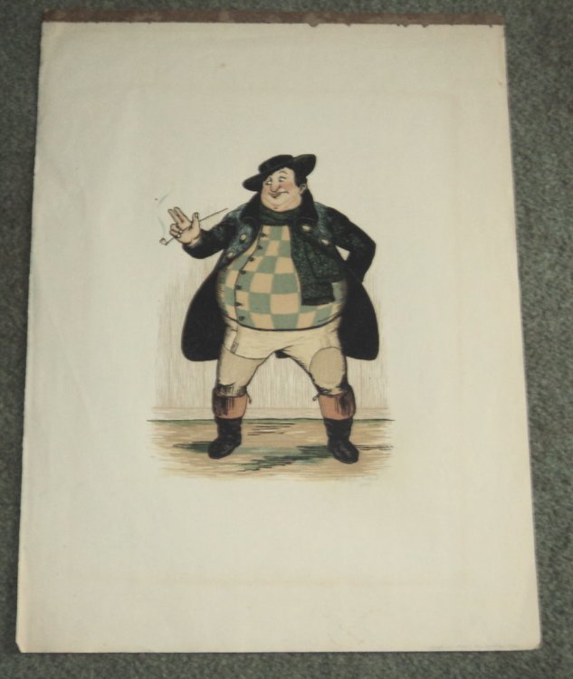 Image for SUPERB COLOR WOODCUT CARICATURE of TONY WELLER, a large pipe-smoking black clad coachman who is the father of Sam Weller in the Pickwick Papers. SUPERB COLOR WOODCUT CARICATURE of TONY WELLER, a large pipe-smoking black clad coachman who is the father of Sam Weller in the Pickwick Papers.