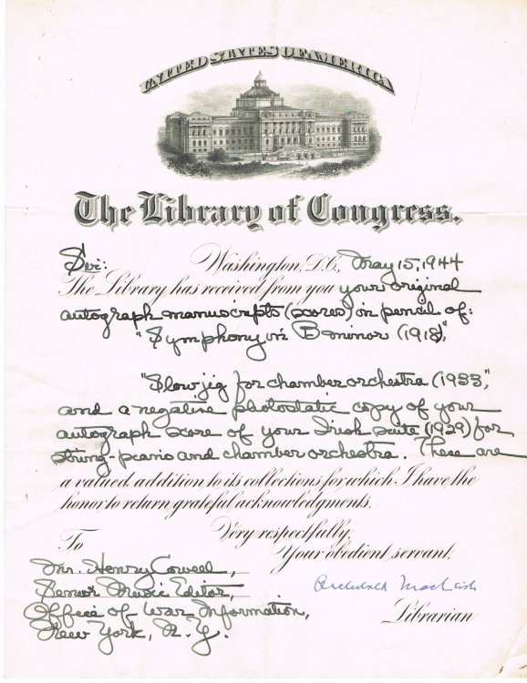 DOCUMENT SIGNED: A fine association acknowledging receipt of scores from American composer Henry Cowell.