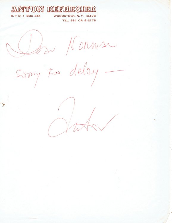 Image for BRIEF AUTOGRAPH NOTE TO THE EDITOR OF AMERICAN ARTIST SIGNED BY ANTON REFREGIER. BRIEF AUTOGRAPH NOTE TO THE EDITOR OF AMERICAN ARTIST SIGNED BY ANTON REFREGIER.