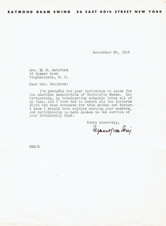 Image for TYPED LETTER SIGNED by RAYMOND GRAM SWING a Broadcaster who was a leading voice during World War II. TYPED LETTER SIGNED by RAYMOND GRAM SWING a Broadcaster who was a leading voice during World War II.