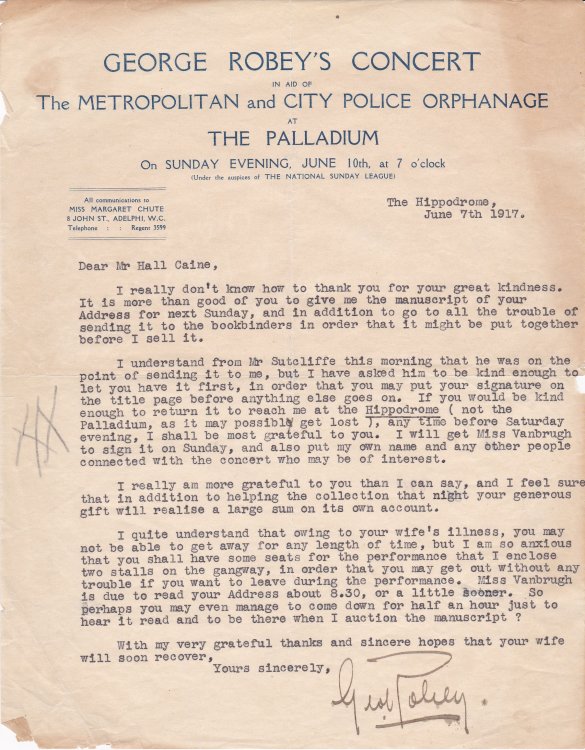 Image for TYPED LETTER SIGNED BY GEORGE ROBEY, TO NOVELIST HALL CAINE, ABOUT A MANUSCRIPT CONTRIBUTION FOR A CHARITY AUCTION. TYPED LETTER SIGNED BY GEORGE ROBEY, TO NOVELIST HALL CAINE, ABOUT A MANUSCRIPT CONTRIBUTION FOR A CHARITY AUCTION.