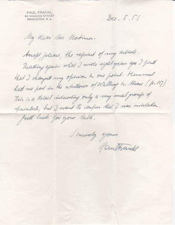 Image for AUTOGRAPH LETTER SIGNED BY PAUL FRANKL CONCERNING HIS EARLIER STATEMENTS REGARDING PETER HEMMEL AND THE WINDOWS OF WALBOURG IN ALSACE. AUTOGRAPH LETTER SIGNED BY PAUL FRANKL CONCERNING HIS EARLIER STATEMENTS REGARDING PETER HEMMEL AND THE WINDOWS OF WALBOURG IN ALSACE.
